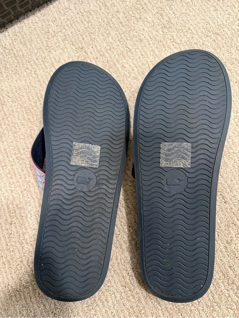 Vineyard Vines Black Flip Flops with Pink and Light Blue Whale Straps